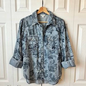 100% Cotton Denim Floral Pearl Snap Button Down Shirt